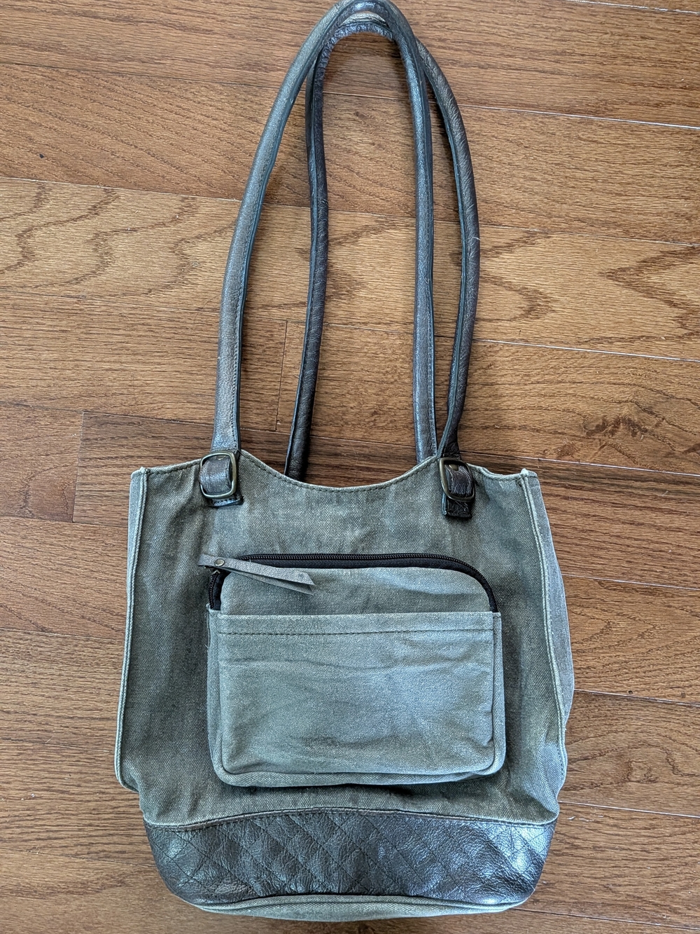 Mona B Olive Green Canvas & Leather Shoulder Tote